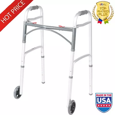 Drive Medical Folding Walker W/ Wheels Aluminum Seniors Adults 350 Lbs Silver US • $39.88
