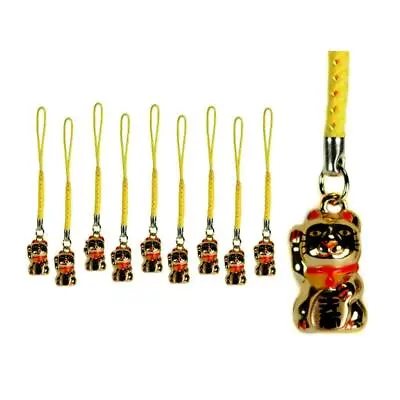 10 LUCKY GOLD CAT BELL CHARMS Kitty Maneki Neko Brass Hanging Phone Strap Set • $18.95