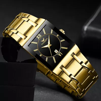 FNGEEN Luxury Stainless Steel Square Watch Men Waterproof Date Quartz Wristwatch • £19.19