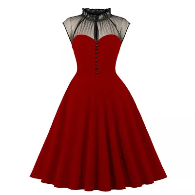 $37.39 • Buy Women Solid Button Vintage 50s 60s Rockabilly Eveining Party Swing A-Line Dress