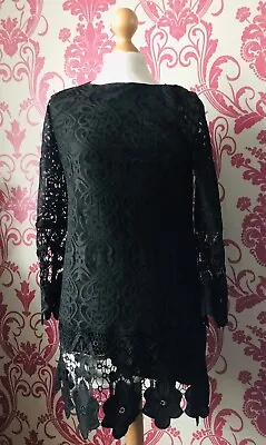 SEXY BLACK LACE With Built In Bodice Dress With Long Lace Sleeves Size 8-10 • £9.99