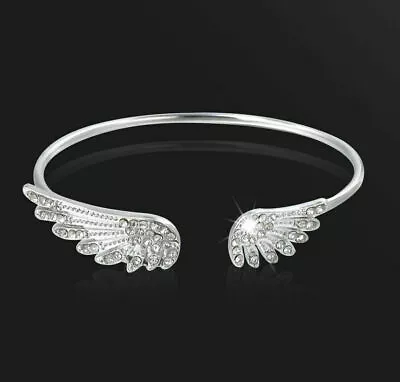 Elegant 925 Sterling Silver Angel Wings White Topaz Fashion Bracelet Bangle Cuff • $15.74
