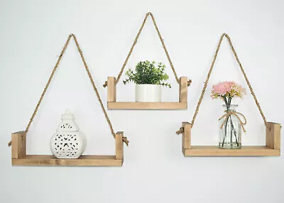 Handmade U Shape Pine Hanging Rope Shelf Rustic Floating Wooden Home Set Of 3 • £34.64