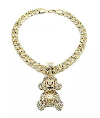 38 Baby Young Boy Monkey Pendant & 10mm 18  20  24  Iced Cuban Chain Necklace  • $39.99