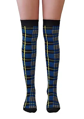 Ladies Over The Knee Blue Tartan Socks Thigh High Yellow Stripe Christmas Burns • £3.99