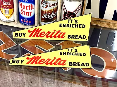 VINTAGE  MERITA BREAD  METAL RACK TOPPER SIGNS (9.5 X 4 ) NEAR MINT (LOT OF 2) • $110