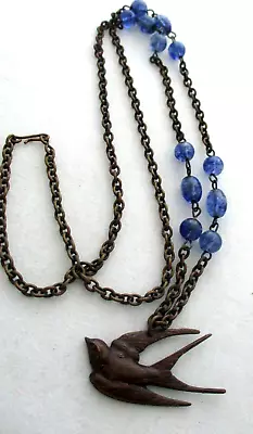 Vintage Brass Blue Glass Bead Swallow Bird Pendant  Necklace 32  Long • $19.99