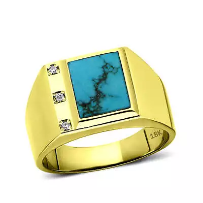 18K Real Yellow Fine Gold Turquoise Mens Ring With 3 Natural Diamond Accents • $1039
