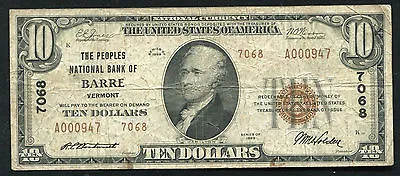 1929 $10 The Peoples National Bank Of Barre Vt National Currency Ch. #7068 • $249.95