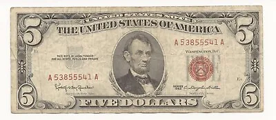 1963 $5 Dollar Bill Red Seal United States Note VG Or Better  • $13.99