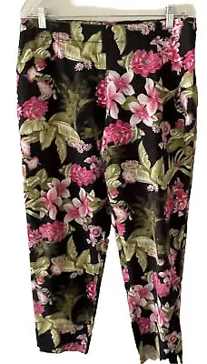 Vintage Barbara Lesser Fibers Black Floral Print Ankle Pants Women’s Size 14 • $6.99