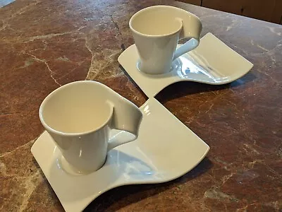 VILLEROY & BOCH White NEW WAVE Cappuccino Cup Snack Plate Set - Set Of 2 • $26