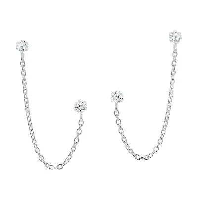 Trendy Double Round Cut Of Cubic Zirconia Pierced Chain Sterling Silver Earrings • $11.99
