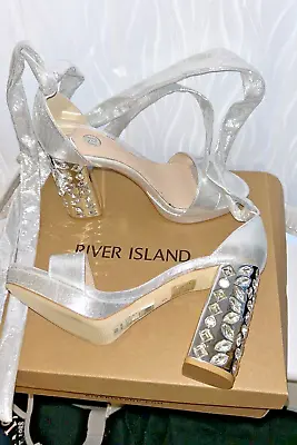 River Island Silver Block Heel Sandals Gem Shoes Diamante Miu Miu Dupe Uk5 Eu 38 • £35