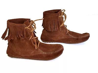 Minnetonka Fringe Moccasin Lace Up Ankle Boots Brown Suede Leather Women's Sz 4 • $24.99