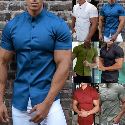 Mens Muscle Slim Fit Shirts Buttons Short Sleeve Work Casual Business Dress Tops • $18.89
