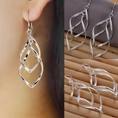 Womens Double Leaf Earrings Drop Dangle Hook 925 Sterling Silver Jewellery Long • £2.99