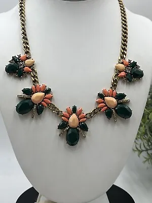 J. Crew Pave Rhinestone Peach Green Salmon Gold Tone Chain Statement Necklace • $45.91