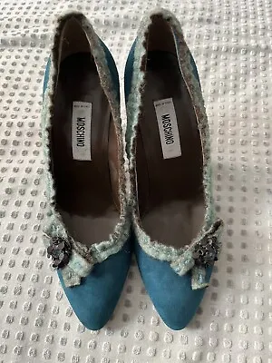 Moschino 90’s Teal  Suede Felt Lined Bow Accent Pumps ITALY • $49