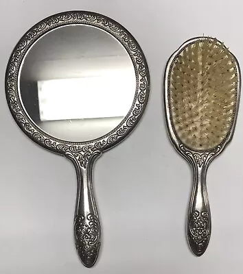 VINTAGE 2 PIECE VANITY MIRROR AND BRUSH SET HEAVY Silver Plated • $20