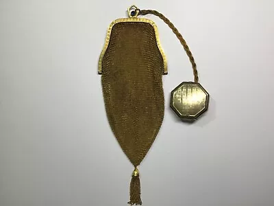 Antique Art Deco Gold Frame Blue Jewel Tassel Mesh Purse E L BLISS Compact • $159.99