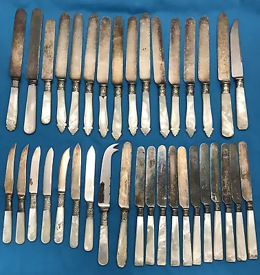 36 Pc MOP Mother Of Pearl Handle Knives 6  To 9  Silverplate & Stainless Blades • $85
