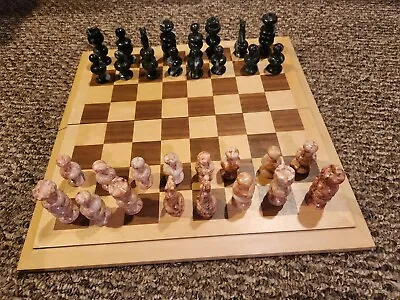 Hand Carved Onyx Marble Black & Pink Stone Chess Pieces  &  Wood 14  Board Set • $35