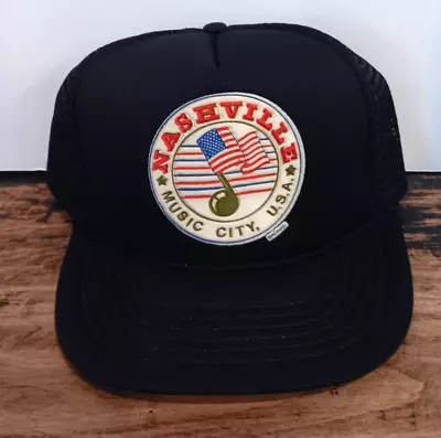 Vtg 90s Nashville Tennessee Music City Patch Snapback Mesh Trucker Hat Cap Black • $16