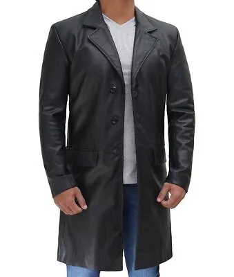 Men Black Long Trench Coat Lambskin Leather Long Length Motorcycle Jacket • $126.40