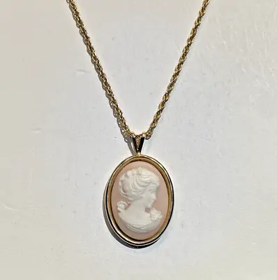 VTG Merlite Pink Cameo Necklace Gold Tone Rope Chain Retro Victorian Style 18  • $16.95