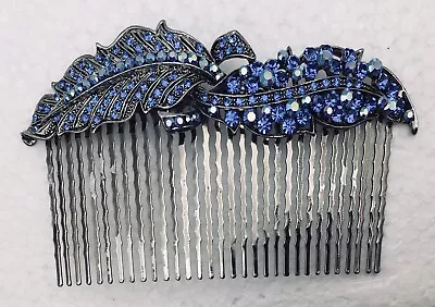 Vintage Silver Tone Metal Slide Hair Comb With Blue Aurora Borealis Rhinestones • $13.99