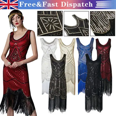 Retro 1920s Flapper Gatsby Charleston Party Sequin Fringe Evening Cocktail Dress • £6.99