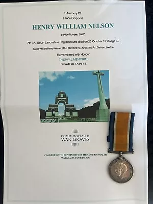 WW1 Medal Nelson South Lancashire Fusiliers KIA Casualty Somme Ancre Hackney • £65