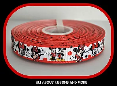 7/8 Inch  Mickey Minnie With Red And Black Dots On Grosgrain Ribbon- 1 Yard • $0.99