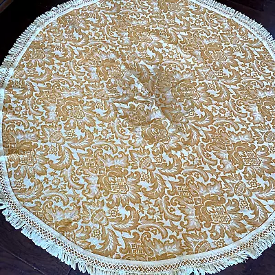 Vtg 60s 70s MCM Yellow Gold Brocade Pattern 71”  Round Tablecloth W/ Fringe VGC • $37.99