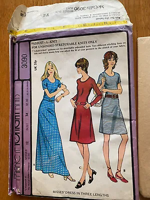 Vintage 70s McCalls Sewing Pattern 3090 Misses Dress 3 Lenghts Stretchable Knits • £3.50