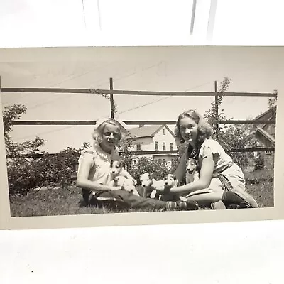 Vtg 1930s Photo 2 Girls Jack Russell Puppies Outside Colonial House Cedric Chase • £6.73