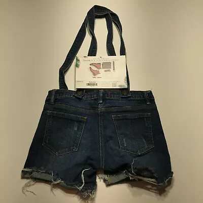 21 Denim Shorts Womens Size 26 Cut Off Cuffed Distressed Suspenders Dark Wash • $14.99