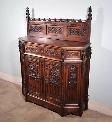 Antique French Gothic Revival Cabinet/Console In Highly Carved Oak/Pine Top • $2250