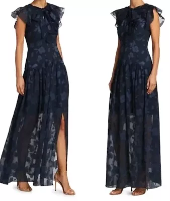 ML Monique Lhuillier Flutter Sleeve Gown Dress Blue Floral Neck Tie Size 10 • $149.99