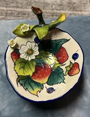 J. Mccall Signed Blue Sky Corp 2004 Fine Pottery Strawberry Trinket Dish Footed • $25