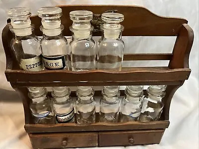 Vintage Wood Spice Rack W/ 10 - Glass Apothecary Jars 10 Japan Spice Labels • $25
