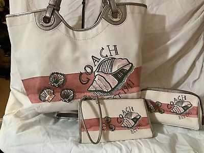 Coach F19273 Sea Shell Beach Natural Canvas Silver Leather Tote Bag Purse • $175