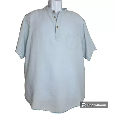 Caribbean Casual Tunic Shirt Men XL Pale Blue Linen Blend Short Sleeve GUC • $17