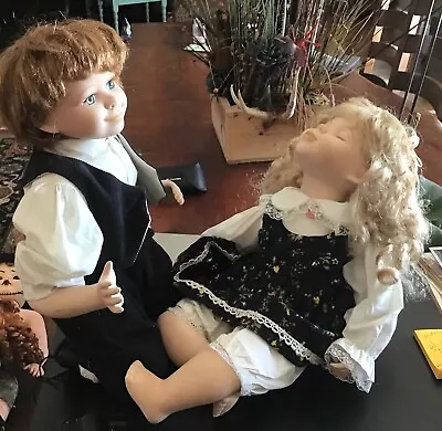 Vintage  First Kiss  Boy And Girl Set Porcelain Dolls With Lifelike Larger Hands • $15