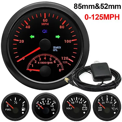 5 Gauge Set 85mm GPS Speedometer 0-125MPH W/ Tacho 52mm Fuel Temp Volt Oil Press • $111.26