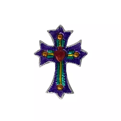 Rustic & Vintage Mexican Folk Art Purple Tin Cross With Red Milagro Heart Center • $9.95