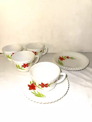 4 Petalware Monax Florette Depression  Glass Cups  & Saucers  Macbeth Evans • $25