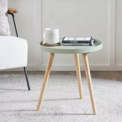 Sage Green Round Scandi Wooden End Tables For Living Room Tripod Legs • £39.95