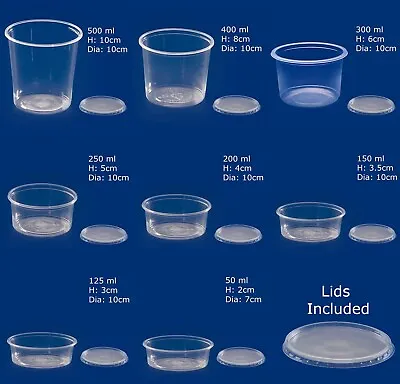 Takeaway Round Food Containers With Lids Clear Plastic Microwave Safe Deli Pots • £10.99